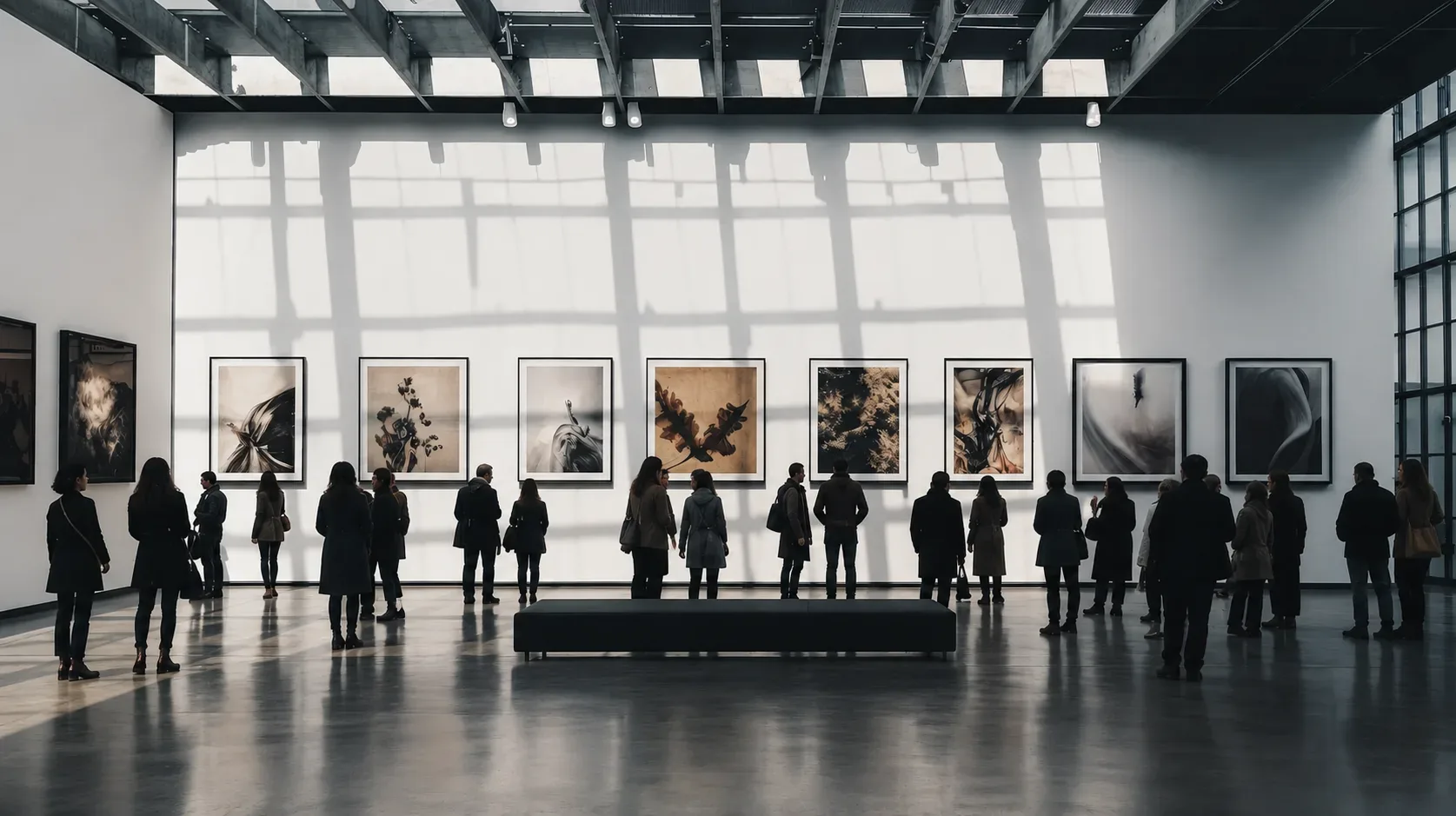 Visitantes a observar fotografias emolduradas numa galeria